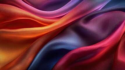 Abstract wavy pattern of iridescent fabric with fluid textures and rich colors, reflecting light beautifully.