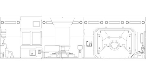 Futuristic, modular machine with robotic arms and precision components. It features systems, control panels, mechanical joints, designed for advanced automation in a sci-fi lab environment.