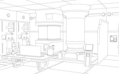 Fototapeta premium Sci-fi lab with Machining center. It showcases industrial precision engineering with mechanical arms, pipes, valves, control panel, emphasizing advanced manufacturing technology in a modular layout.