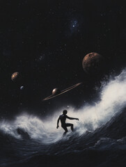 Surfer Riding Waves Beneath A Starry Sky With Planets And Moons