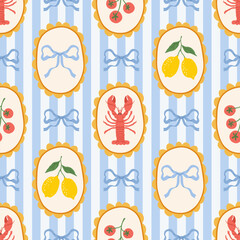 Vintage seamless pattern with lobster, bows, yellow lemons, tomato in decorative frames striped blue background. Summer mediterranean print. Italian vacation vibe. Vector hand drawn illustration.