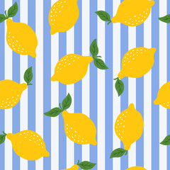 Vintage seamless pattern with yellow lemons and striped blue background. Summer mediterranean print. Italian vacation vibe. Vector hand drawn illustration for fabric, wrapping paper.