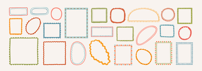 Collection of hand drawn colorful wavy frames different shapes. Summer decorative frames. Modern trendy borders for wedding invitation, birthday card, social media template. Vector illustration.