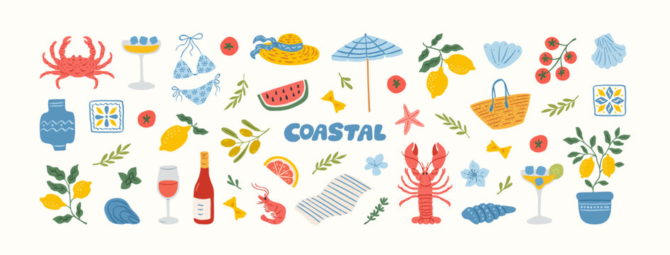 Mediterranean summer vacation illustration set. Italian holiday elements. Hand drawn lemons, seafood, lobster, shrimp, olive, shell, cocktail. Coastal collection for card, prints, wedding invitation.