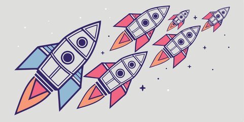 A group of colorful rockets soaring through space, symbolizing a journey of innovation and progress