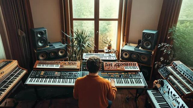 Rear view of person playing electronic music synthesizer, musical instrument. Hobby music production synthesizer. Electronic music instruments at home.
