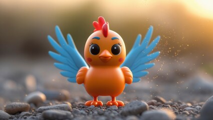 Cute cartoon chick with blue wings on pebbles