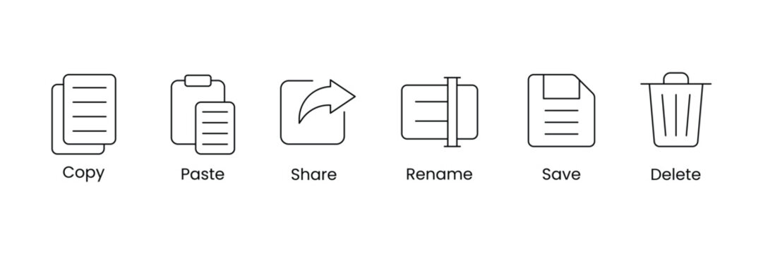 Set of liner copy, paste, rename, share, save and delete icon collection. tool bar icon symbol.