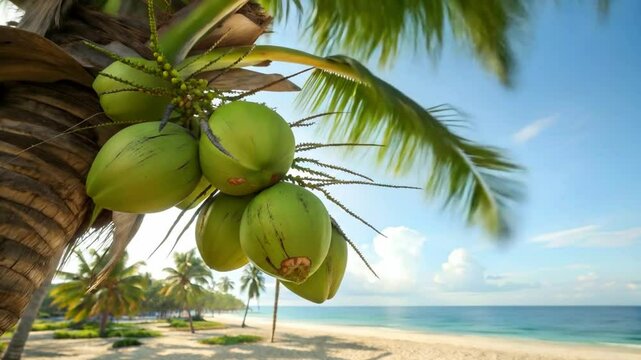 Fresh, ripe coconuts on the beach, surrounded by lush palm trees, embody the essence of tropical nature animation video