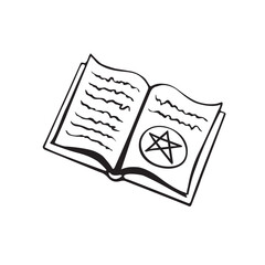 Magic spell book in doodle style. Witch open book with esoteric magical symbols. Vector illustration.