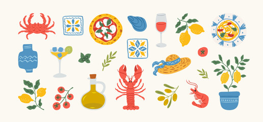 Summer mediterranean vacation illustration set. Italian holiday elements. Hand drawn lemons, seafood, lobster, pasta, olive, pizza, tile. Coastal collection for card, prints, wedding invitation.