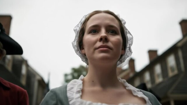 Historical reenactor woman in colonial dress during patriotic event