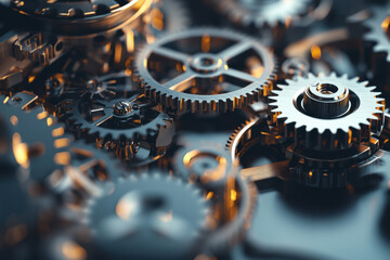 Intricate mechanism of interlocking metallic gears in a dimly lit workshop close-up photography industrial setting abstract concept