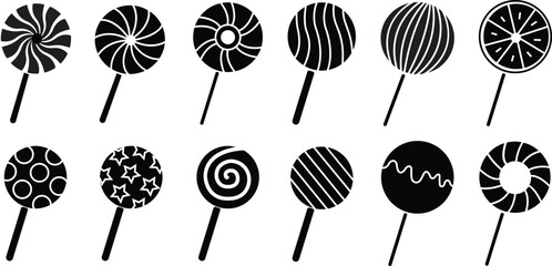 Lollipop with spiral flat icons set, twisted sucker candy on stick. Vector round candies with striped swirls. Hard sugar caramel, lollypop collection