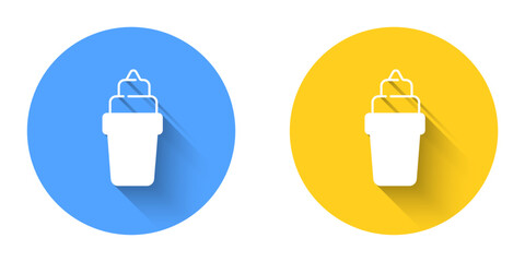 White Ice cream in waffle cone icon isolated with long shadow background. Sweet symbol. Circle button. Vector