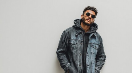 Fototapeta premium A handsome man in a denim jacket and sunglasses posing for a photo.