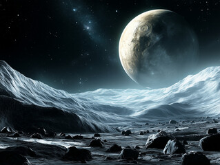 Huge planet rising over icy mountains on alien world