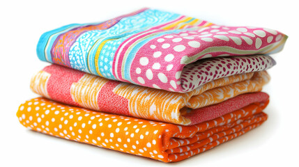 Folded Fabric Colorful Patterns Stacked Neatly White Background