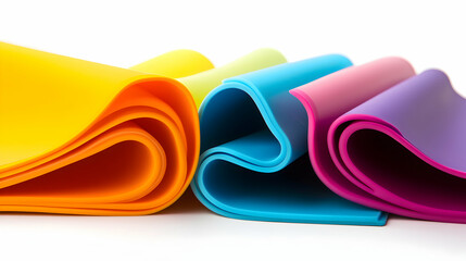 Colorful Silicone Mats Rolled in Creative Shapes, Rubber Sheets in Vivid Yellow, Orange, Blue, Pink and Purple on White Surface