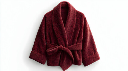 Burgundy Plush Robe Open Front with Belt and Shawl Collar Warm and Comfortable Texture on White Background