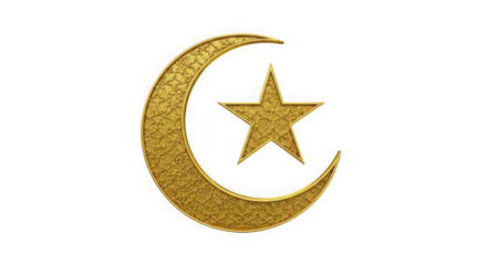 Golden crescent moon and star symbol with intricate pattern on transparent background