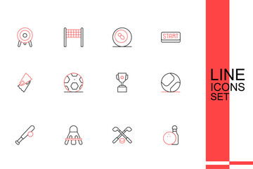 Set line Bowling pin and ball, Ice hockey sticks puck, Badminton shuttlecock, Baseball bat with, Award cup, Soccer football and Flippers for swimming icon. Vector