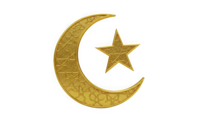 Golden crescent moon and star symbol with intricate design on transparent background