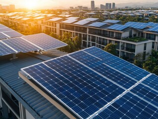 Rooftop solar panels on modern buildings capture sunlight, generating clean energy in an urban residential area at sunset.