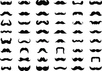 Fototapeta premium Mustache set with different style in flat . Black silhouette of adult man mustaches. Symbol of Father day. Vector illustration. Moustache for men face