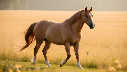 Obraz premium Elegant light brown horse moving gently across a golden meadow—evoking themes of serenity, strength, and the beauty of wildlife.
