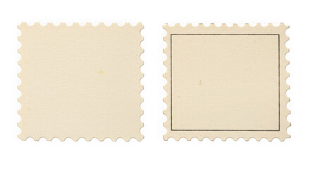 Two blank postage stamps with perforated edges against a transparent background