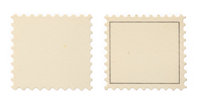 Two blank postage stamps with perforated edges against a transparent background