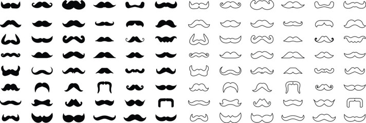 Mustache set with different style in flat and line. Black silhouette of adult man mustaches. Symbol of Father day. Vector illustration. Moustache for men face