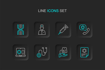 Fototapeta premium Set line Patient record, Blood donation, Stethoscope, Clinical laptop, Emergency call 911, Syringe, Male doctor and DNA symbol icon. Vector
