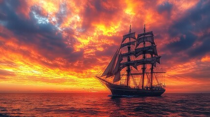 Fototapeta premium Sailing Tall Ship on Open Ocean at Fiery Sunset with Cloudy Sky
