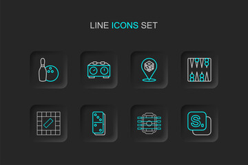 Fototapeta premium Set line Bingo, Table football, Domino, Board game, Backgammon board, Game dice, Time chess clock and Bowling pin and icon. Vector