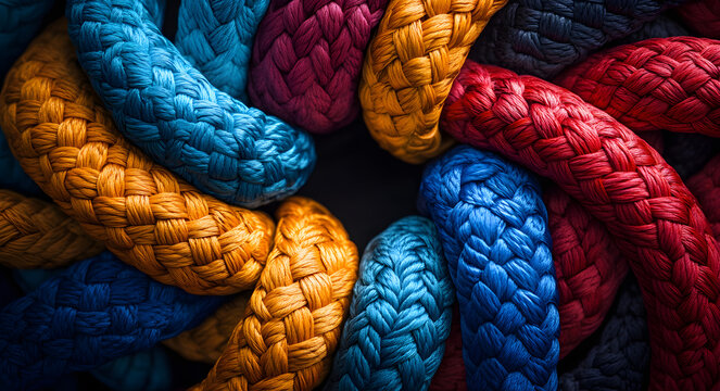 Colorful ropes intertwined in circle showing unity, teamwork. Diverse ropes connected represent business metaphor for partnership synergy. Image collective effort to achieve common goal with strong