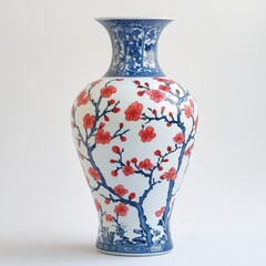 A large, brightly colored blue and white porcelain vase with a plum blossom pattern