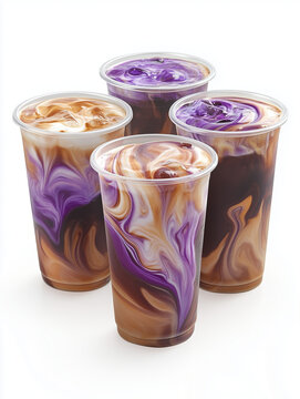 Ube latte showing purple yam and coffee swirl in plastic cups