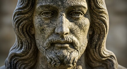 Obraz premium Macro view of an aged Jesus statue with visible texture and cracks on the surface.