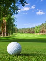 Fototapeta premium Golf ball sitting on lush green grass of golf course on sunny day