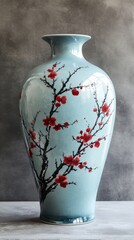 A large, brightly colored blue and white porcelain vase with a plum blossom pattern