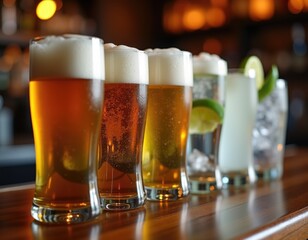 drink glasses with beer and water arranged side by side in counter. Alternate between alcohol and non-alcohol