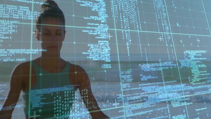 Female athlete inhaling on beach, activating digital grid overlay aligning data for wellness - Powered by Adobe