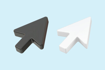 A high-quality 3D rendering of black and white arrow cursor icons placed side by side on a soft light blue background. Perfect for UI/UX design, technology concepts, or digital illustration themes.