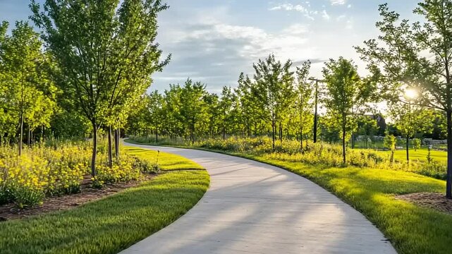Serene winding pathway through a lush green park with vibrant flowers under a sunny sky