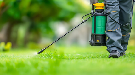 Worker spraying pesticide on a green lawn outdoors for pest control