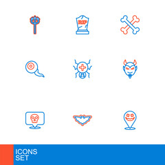 Set line Happy Halloween holiday, Flying bat, Skull, Devil head, Eye, Spider, Crossed bones and Tombstone with RIP written icon. Vector