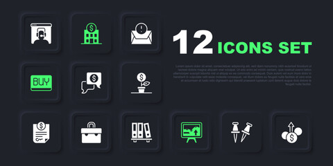 Set Push pin, Financial growth dollar, Business negotiations, Monitor with graph chart, Buy button, Briefcase, Bank building and Office folders icon. Vector