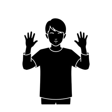 boy hands up surrendering gesture